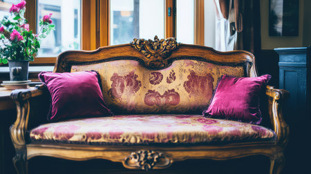 This captivating image showcases an elegant vintage sofa with rich upholstery and decorative wooden details, perfect for enhancing any cozy interior setting.の素材