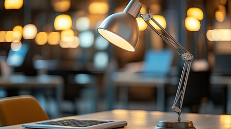 A modern desk lamp shines brightly in a cozy workspace, surrounded by warm ambient lighting and a sleek technological background, perfect for creativity.の素材