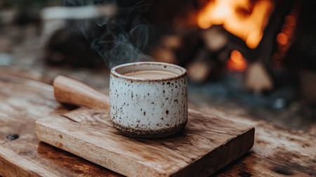 A charming image featuring a steaming cup of hot beverage placed on a rustic wooden table, with a warm fire in the background, encapsulating comfort and relaxation.の素材