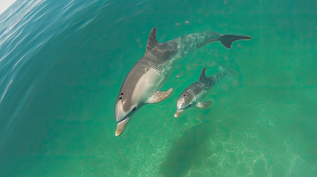 A beautiful scene showcasing a mother dolphin swimming gracefully alongside her calf in the clear blue ocean, highlighting marine wildlife and nature.の素材