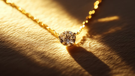 A stunning close-up of an elegant gold necklace featuring a brilliant diamond, captured in soft sunlight. The image highlights the intricate details and shimmer, showcasing luxury and beauty.の素材