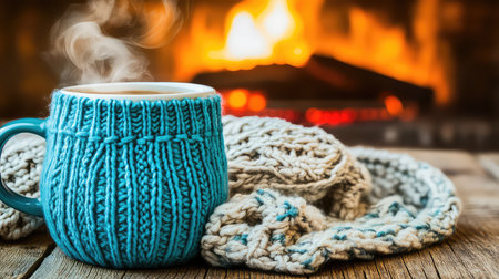 A cozy winter scene featuring a warm beverage in a knitted mug with steam rising, accompanied by a knitted blanket, set against a glowing fireplace backdrop.の素材