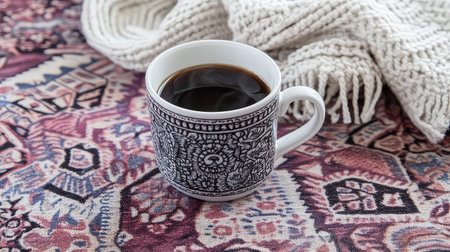 A beautifully detailed coffee cup filled with steaming black coffee rests on a vibrant textile background, accompanied by a cozy blanket, evoking warmth and comfort.の素材