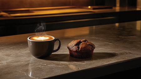 A warm coffee cup with heart latte art sits next to a delicious chocolate muffin on a stylish stone countertop, creating a cozy morning ambiance.の素材