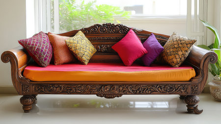 This exquisite wooden sofa features intricate carvings and colorful cushions, creating a vibrant focal point in any modern living room filled with natural light.の素材