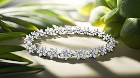 Capture the essence of luxury with this elegant floral diamond necklace, artfully arranged against a natural green backdrop, showcasing beauty and sparkle.の素材