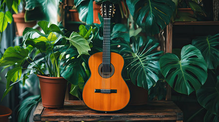 A beautifully crafted acoustic guitar rests elegantly among lush green plants, creating a serene and inviting atmosphere in a cozy indoor setting.の素材