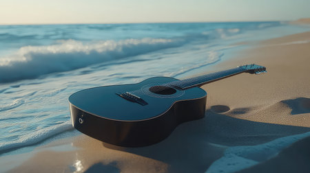 This stunning image showcases an acoustic guitar resting on a sandy beach, with gentle waves lapping at the shore. The soft sunset light adds a serene ambiance, capturing the essence of relaxation and musical inspiration.の素材