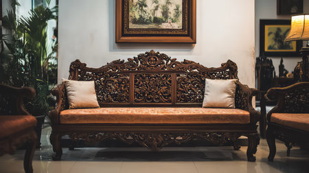This striking wooden sofa features intricate carvings and plush cushions, showcasing traditional craftsmanship in a sophisticated living room environment.の素材
