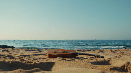 This stunning image features an acoustic guitar resting on the sandy beach, with gentle ocean waves lapping at the shore and a clear blue sky above.の素材