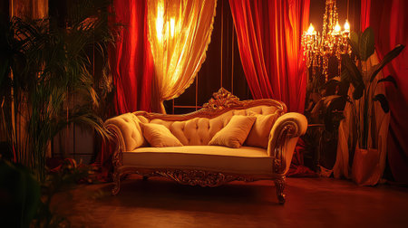 This stunning image captures a vintage sofa set in a beautifully decorated room, adorned with warm lighting and luxurious fabrics, creating an inviting ambiance.の素材