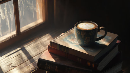 A serene morning setting featuring a beautifully crafted coffee cup resting on a stack of books, illuminated by gentle sunlight streaming through a window, creating a tranquil atmosphere perfect for reading and relaxation.の素材