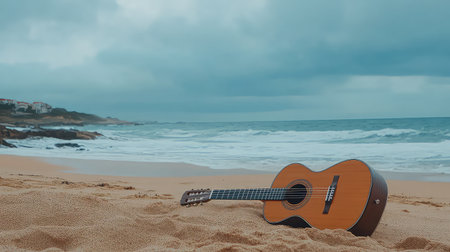 A captivating acoustic guitar lies serenely on sandy beach, surrounded by crashing ocean waves and a dramatic sky, perfect for music and nature lovers.の素材