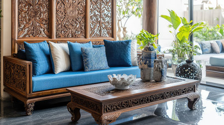 This image showcases an elegant living room featuring a beautifully crafted wooden sofa adorned with vibrant blue cushions, complemented by a stylish coffee table and decorative elements.の素材