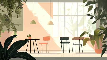 This illustration showcases a stylish modern interior featuring minimalistic furniture, vibrant plants, and natural light, creating a serene atmosphere.の素材