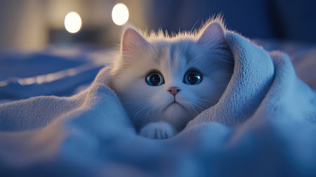 A charming fluffy white kitten peeks out from under a soft blanket, creating a tranquil and cozy atmosphere perfect for pet lovers and cat enthusiasts.の素材