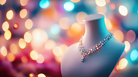 A stunning close-up of a beautifully crafted necklace featuring sparkling gemstones, displayed elegantly on a mannequin against a dreamy bokeh background.の素材