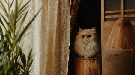 A fluffy long-haired cat peeks from a cozy basket, surrounded by soft curtains and warm home decor, creating a serene and inviting atmosphere.の素材