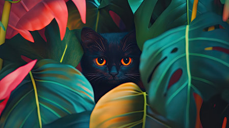 A captivating image of a black cat with striking orange eyes peering through lush green and pink tropical leaves, creating a sense of mystery and allure.の素材