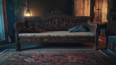 A beautifully crafted wooden sofa showcasing intricate carvings, placed in a warm, inviting room. The scene features soft lighting and elegant decor.の素材