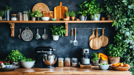 A beautifully arranged kitchen scene featuring an inviting wooden countertop adorned with fresh herbs, vegetables, and stylish kitchen appliances, perfect for culinary enthusiasts.の素材