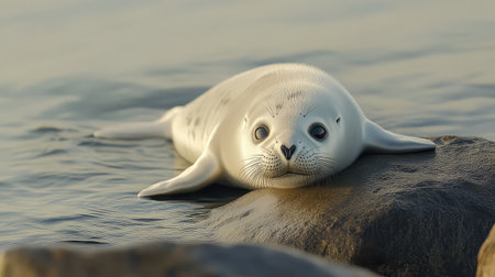 A cute seal pup rests on a rocky shore, showcasing its soft fur and unique features in a tranquil ocean background. The setting emphasizes the marine life.の素材
