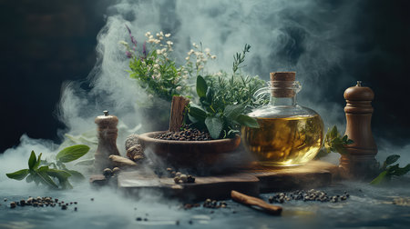 This captivating still-life image showcases a collection of aromatic herbs, essential oil, and spices surrounded by mystical smoke, perfect for culinary creativity.の素材