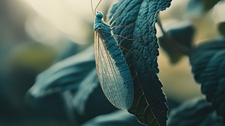 This stunning close-up photograph captures a delicate insect resting on lush green leaves, highlighting intricate details and soft natural lighting.の素材