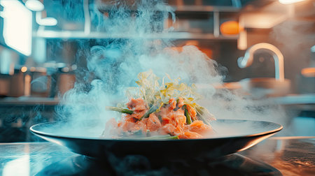 A vibrant gourmet dish with steam wafting above in a modern kitchen. The visual highlights fresh ingredients, perfect for food lovers and culinary creatives.の素材