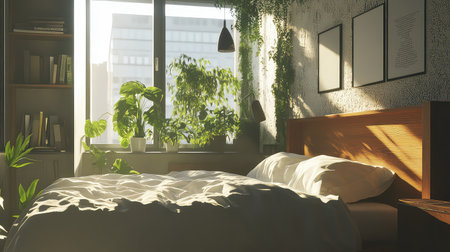 This inviting bedroom showcases a serene atmosphere with warm sunlight streaming through a window, adorned with lush greenery. Perfect for relaxation.の素材