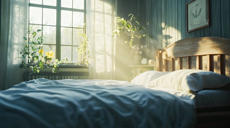 This cozy bedroom features sunlight streaming through a window, enhancing a tranquil atmosphere with indoor plants and soft linens, perfect for relaxation.の素材