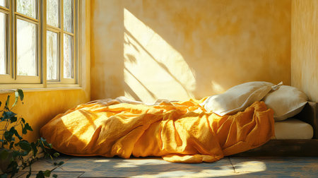 This image captures a serene bedroom filled with warm yellow tones illuminated by natural sunlight, creating an inviting atmosphere for relaxation and tranquility.の素材