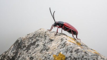 A striking close-up image of a vibrant red beetle crawling on a rocky surface shrouded in fog, showcasing its intricate details and natural habitat.の素材