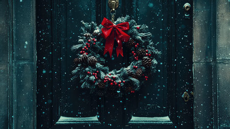 A beautifully adorned Christmas wreath with a red bow hangs on a dark door, creating a warm and inviting entrance during a snowy winter.の素材