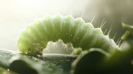 This image showcases a vibrant green caterpillar gracefully crawling on a dewy leaf, illuminated by soft natural light. The close-up captures the intricate textures and details of the caterpillar, highlighting its unique features and connection to nature.の素材