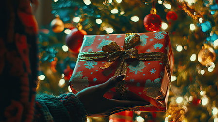 A close-up image of a person holding a beautifully wrapped gift box with a shiny ribbon, set against a background of a sparkling Christmas tree filled with lights.の素材