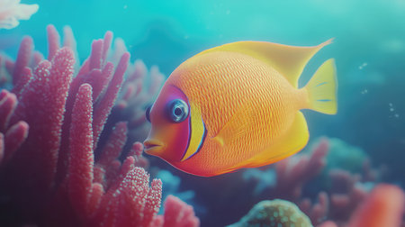 A vivid tropical fish swims gracefully near a stunning coral reef, showcasing the beauty and diversity of underwater life in a serene ocean setting.の素材