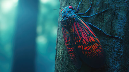 A striking close-up of a vibrant red and black insect climbing on a tree trunk, surrounded by soft light in a serene forest setting, showcasing nature's beauty.の素材