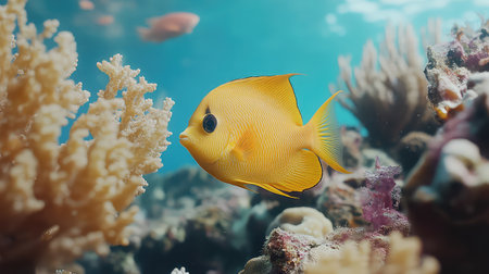 A vibrant yellow fish gracefully swims among the colorful corals of a thriving underwater reef, showcasing the serene beauty of ocean life.の素材