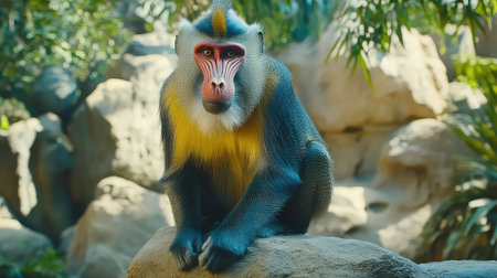 A striking baboon rests on a rock, showcasing its colorful fur and attentive eyes. The vibrant natural habitat features lush greenery and boulders, encapsulating wildlife beauty.の素材
