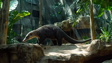 A captivating scene featuring a unique mammal navigating its lush habitat, surrounded by vibrant tropical plants and rocks, capturing the essence of wildlife.の素材