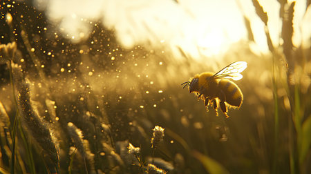 A captivating image of a bee in mid-flight during golden hour, showcasing its intricate wings as it seeks pollen amidst a glowing grass field.の素材