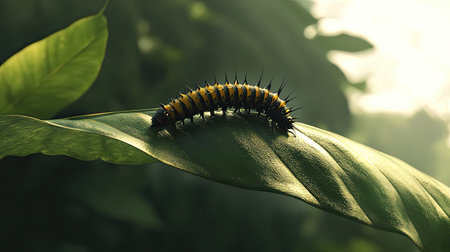 This captivating image features a vividly colored caterpillar resting on a lush green leaf, with soft lighting enhancing its intricate details and surroundings.の素材