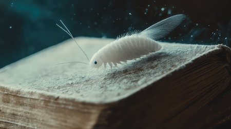 A delicate white insect rests on a dusty book, showcasing the intersection of nature and literature. This macro image captures intricate details and textures.の素材