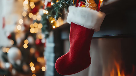 A vibrant red Christmas stocking is suspended from a cozy fireplace, surrounded by twinkling lights and festive decorations, evoking warmth and holiday spirit.の素材