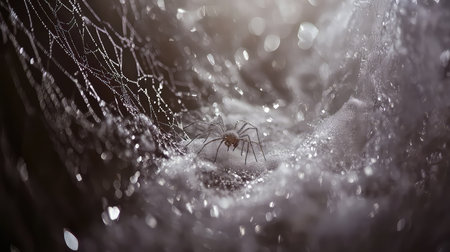 A stunning close-up view of a spider resting in its intricate web, adorned with shimmering dew drops, showcasing natureの素材