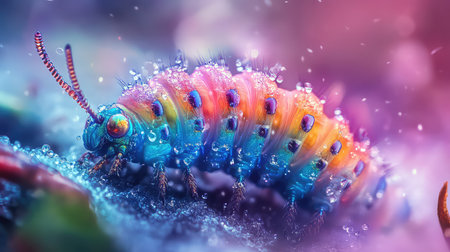 This stunning macro shot features a colorful caterpillar adorned with water droplets, creating a mesmerizing effect in a whimsical nature scene.の素材