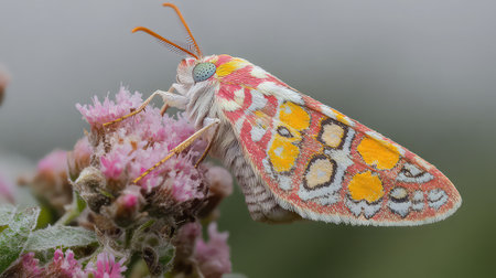 A stunning close-up of a colorful moth perched delicately on a vibrant pink flower, showcasing intricate patterns and textures in a natural setting.の素材