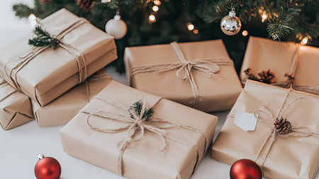 A charming arrangement of wrapped gifts in brown paper with twine, nestled under a decorated tree, creating a warm and festive holiday atmosphere perfect for celebrations.の素材