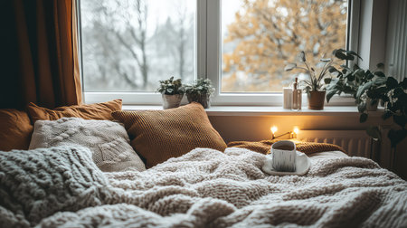 A warm and inviting bedroom scene featuring soft knitted blankets and pillows, complemented by a serene window view of autumn foliage, ideal for relaxation.の素材